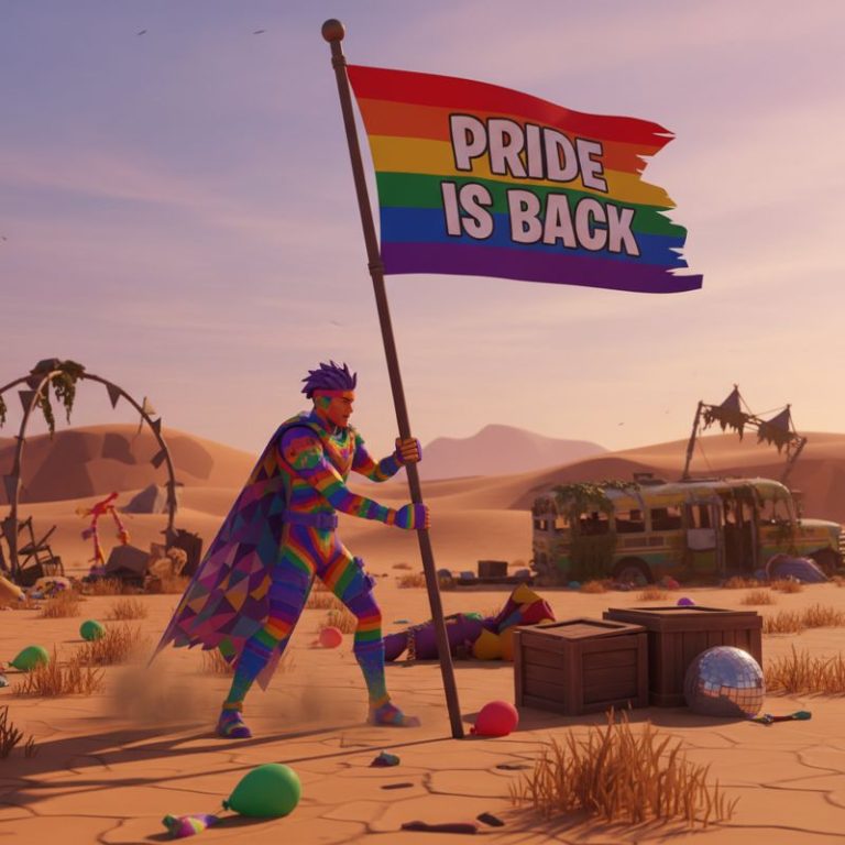 포트나이트 캐릭터가 황량한 맵에 무지개 깃발을 다시 세우는 장면