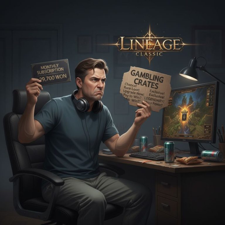 한 중년 남성이 '월정액'과 '확률형 아이템' 팻말 사이에서 고민하는 모습. 뒤에 리니지 클래식 로고.