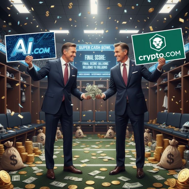 Crypto.com과 AI.com을 들고 있는 억만장자들이 트로피 대신 거대한 돈다발을 주고받는다
