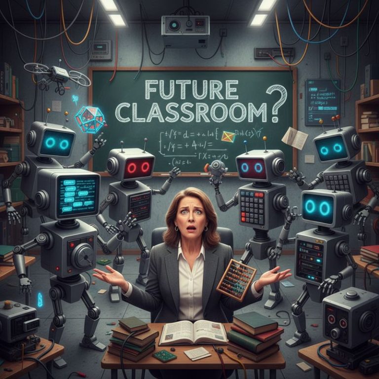 사람이 AI 로봇 학생들이 북적이는 교실을 멍하게 바라보는 장면