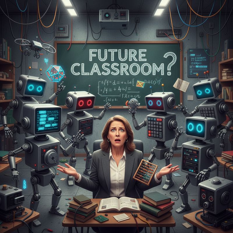 사람이 AI 로봇 학생들이 북적이는 교실을 멍하게 바라보는 장면