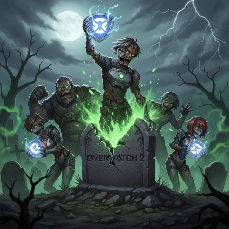 오버워치 캐릭터들이 무덤에서 부활하며 2를 떼고 로고를 흔드는 모습