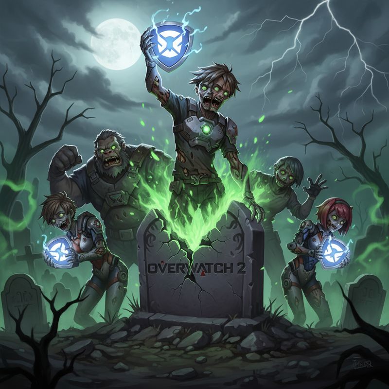 오버워치 캐릭터들이 무덤에서 부활하며 2를 떼고 로고를 흔드는 모습
