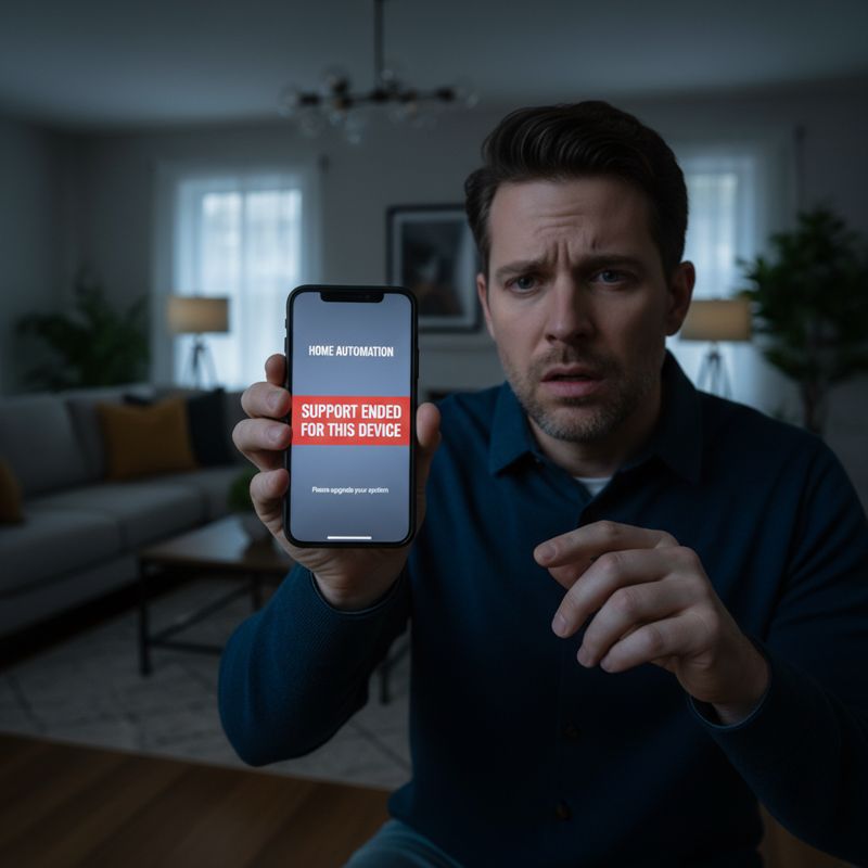 실망한 집주인이 아이폰으로 전등을 켜려 했으나 지원 종료 메시지가 떠서 멍하니 보는 모습