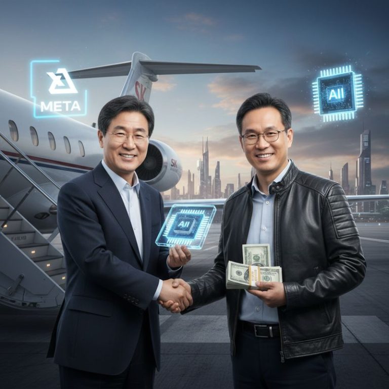 뉴욕 공항에 내린 최태원이 AI 칩과 돈다발을 들고 젠슨 황과 악수하는 장면