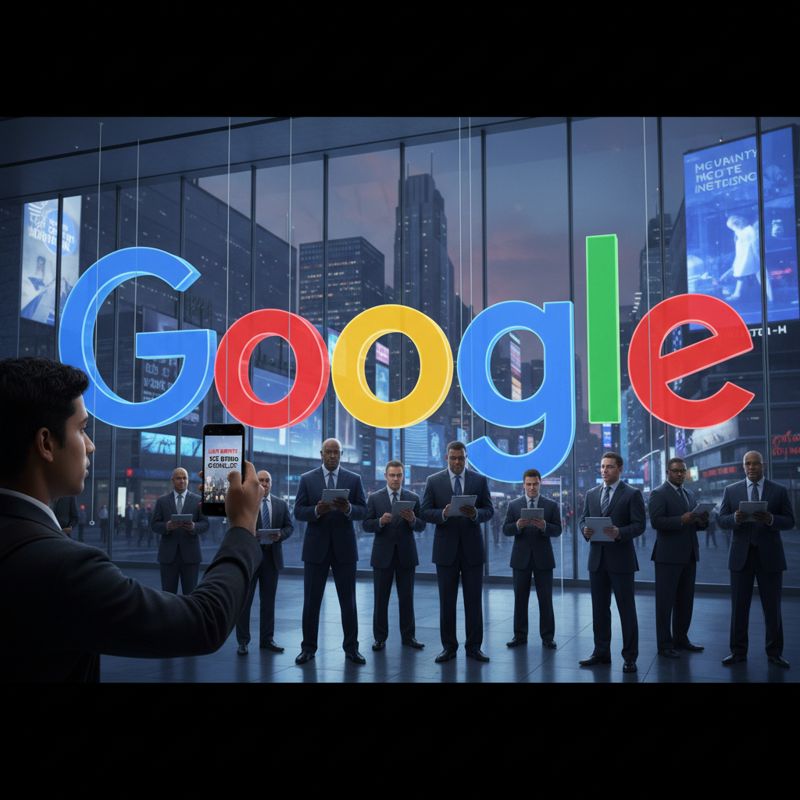 구글 로고 뒤에 숨어 있는 ICE 요원이 스마트폰을 보는 학생을 지켜보는 장면