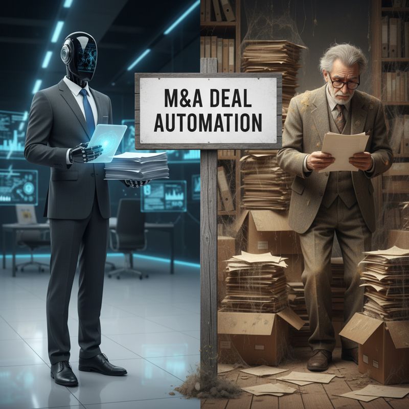 정장 차림의 AI 로봇이 서류를 자동 정리하는 모습, 옆에 구시대 로펌 변호사가 종이에 파묻혀 있는 모습