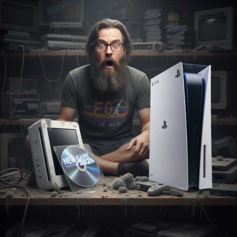 PS5와 함께 놓인 오래된 Wii, 그 위에 2026년 신작 디스크 등장에 충격받는 게이머