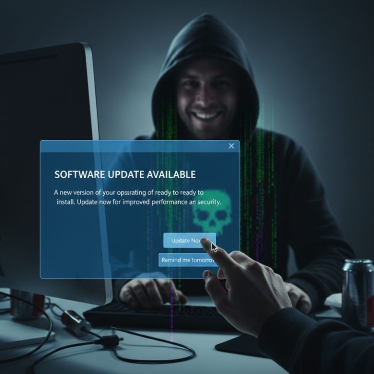 'Update Now' 버튼을 무시하면서 해커가 미소를 짓는 그림
