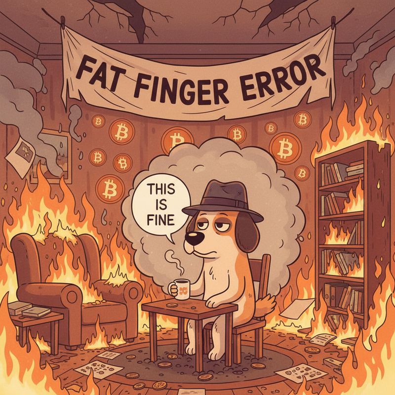 불타는 방 안에서 '이게 정상입니다' 하는 표정의 강아지, 주변에 비트코인 로고와 '오지급' 현수막