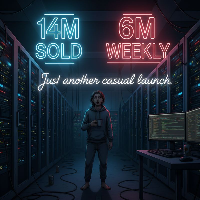 Arc Raiders 개발자가 압도적인 플레이어 숫자와 판매 수치를 배경으로 멍하니 서있는 장면.