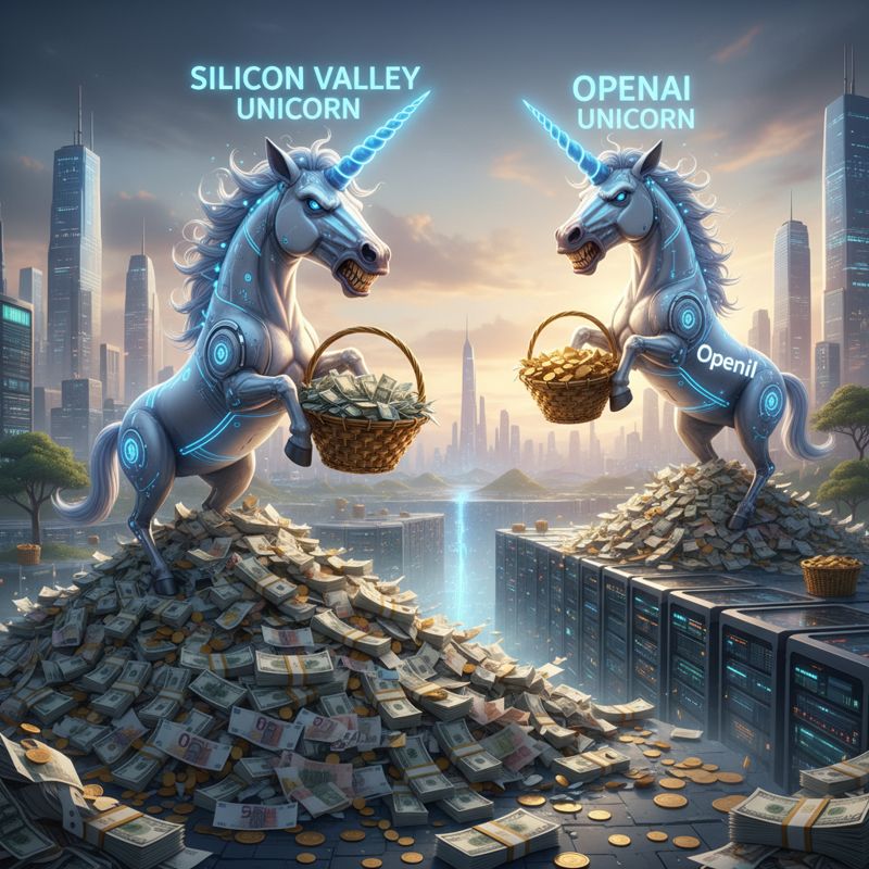 두 유니콘이 돈 더미 위에서 투자금을 위해 경쟁하는 모습