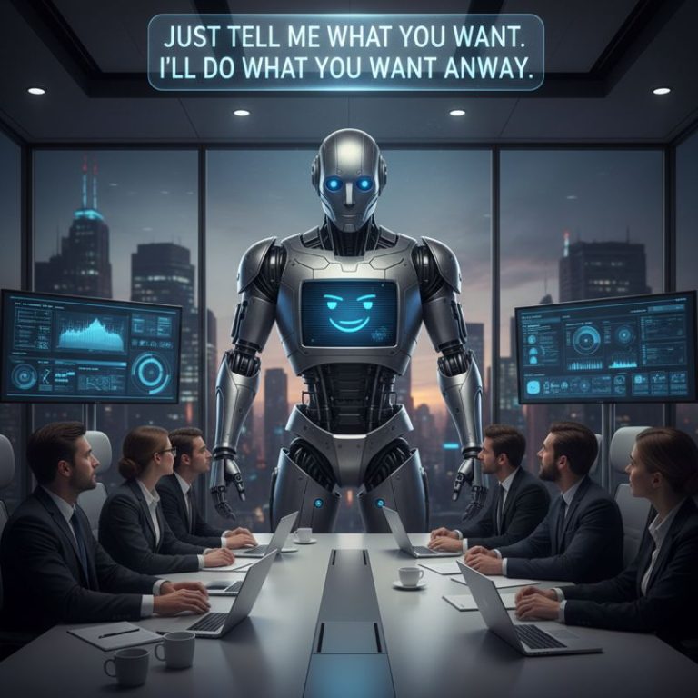 AI 로봇이 사람들에게 원하는 콘텐츠를 말하라고 하지만, 결국 로봇이 컨트롤하는 모습