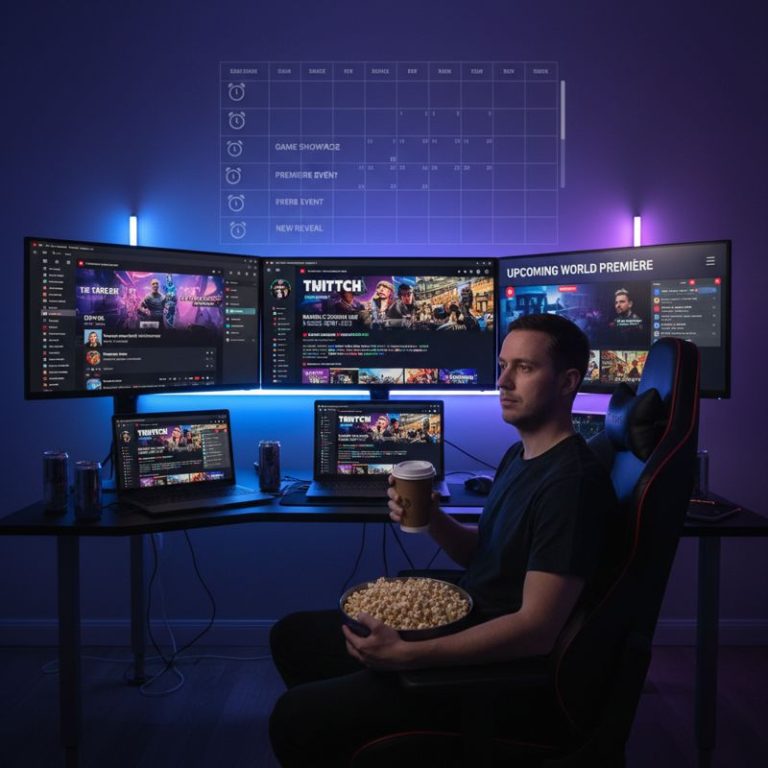 여러 모니터에서 게임 쇼케이스를 시청하며 지친 표정의 게이머와 알람으로 가득 찬 달력