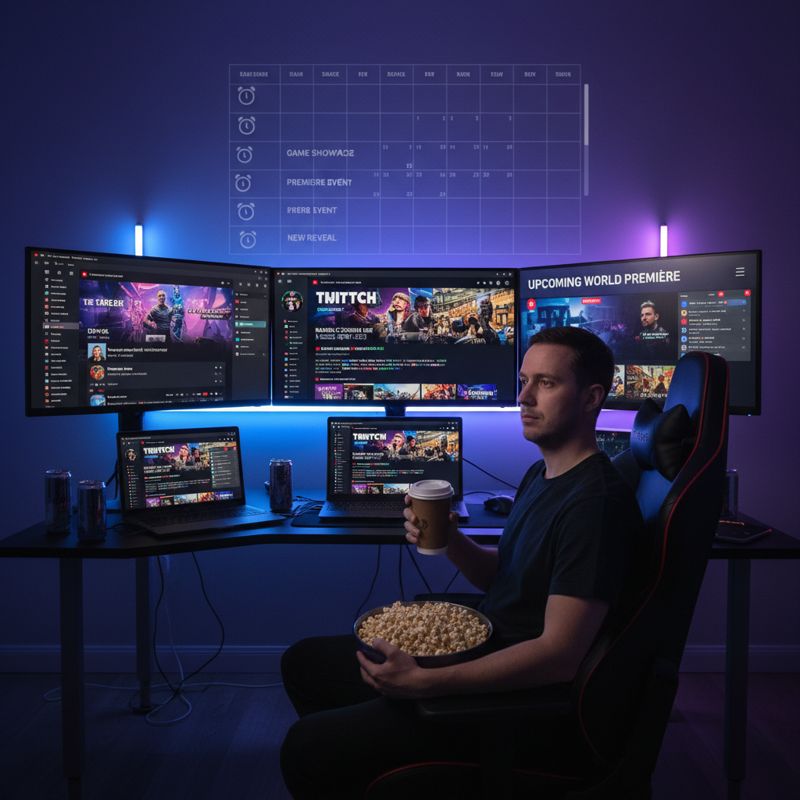 여러 모니터에서 게임 쇼케이스를 시청하며 지친 표정의 게이머와 알람으로 가득 찬 달력