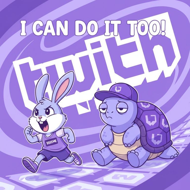 씨미 로고를 단 토끼가 트위치 거북이 옆에서 자신감 넘치게 질주하는 모습.