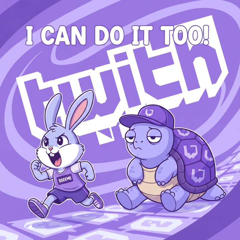 씨미 로고를 단 토끼가 트위치 거북이 옆에서 자신감 넘치게 질주하는 모습.