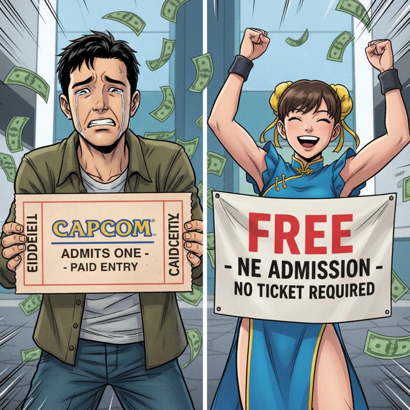 캡콤 로고가 박힌 티켓을 들고 실망한 리우와, 무료 입장 환호하는 챈리 모습