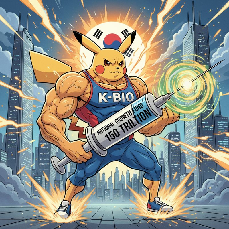 대형 주사기로 힘을 얻는 한국 바이오 산업을 풍자적으로 표현한 만화 이미지