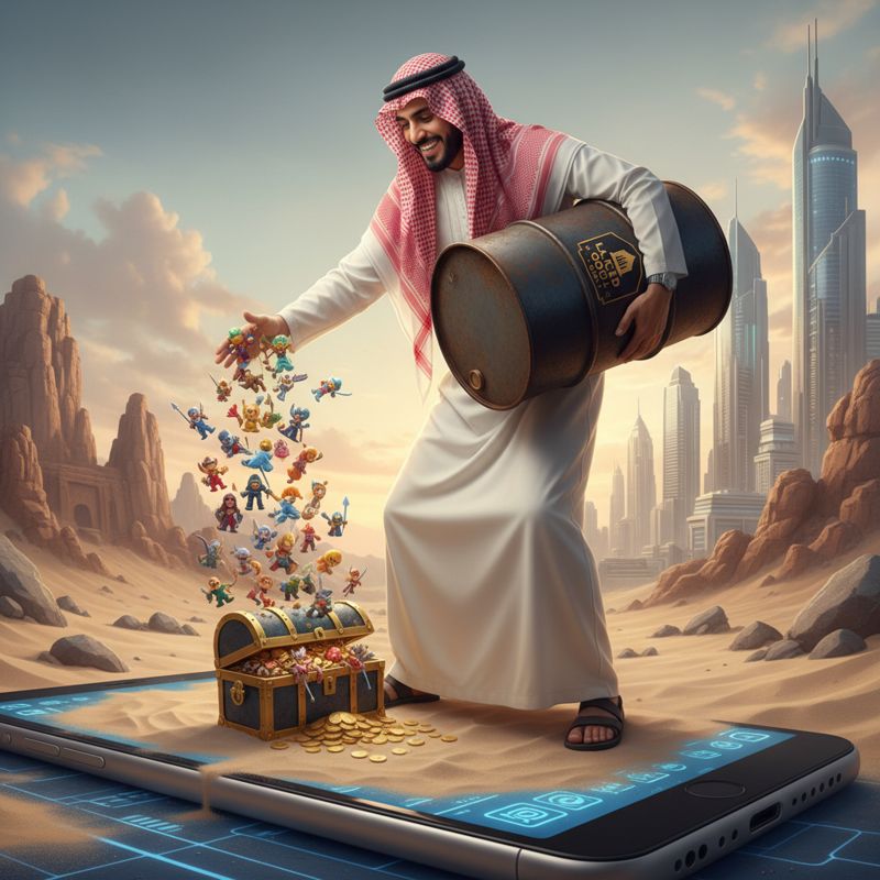 아랍 왕자가 석유 드럼과 모바일 게임 캐릭터 인형들을 가진 모습