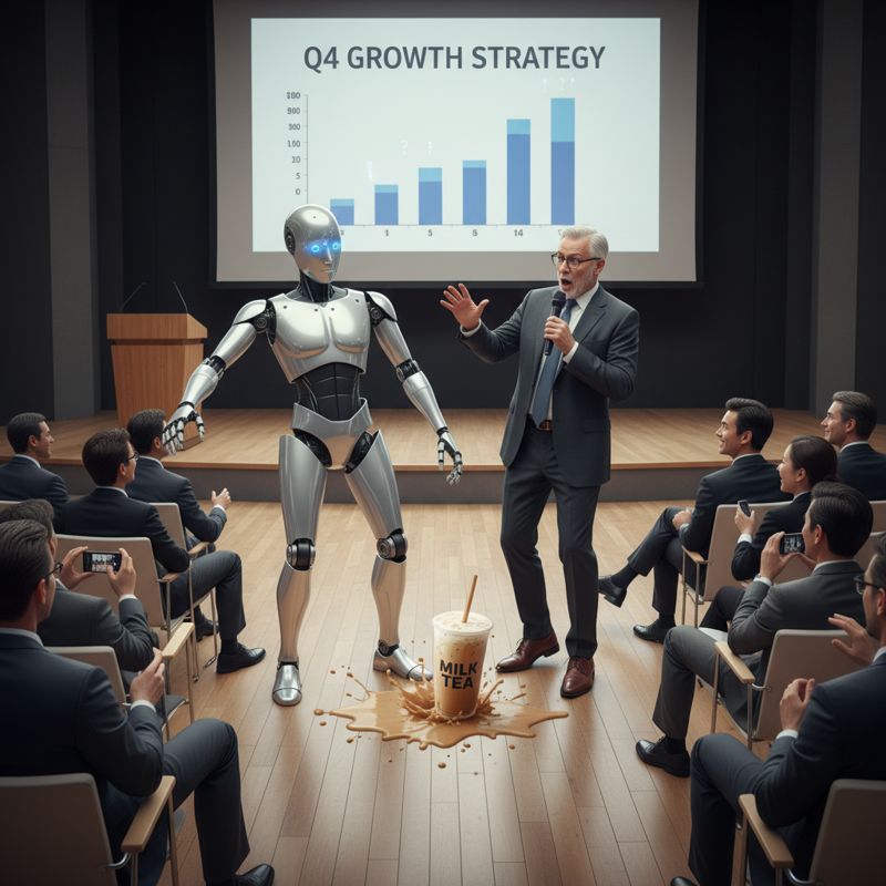 로봇이 실수로 음료를 쏟으며 멍하니 서 있고, 임원이 어색하게 미소 짓는 장면