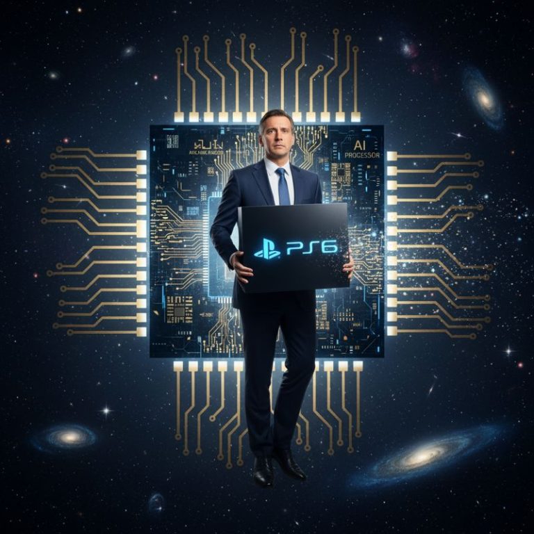 우주에서 PS6 콘솔을 들고 난감해하는 소니 임원 모습, 뒤에는 AI 칩이 번쩍임
