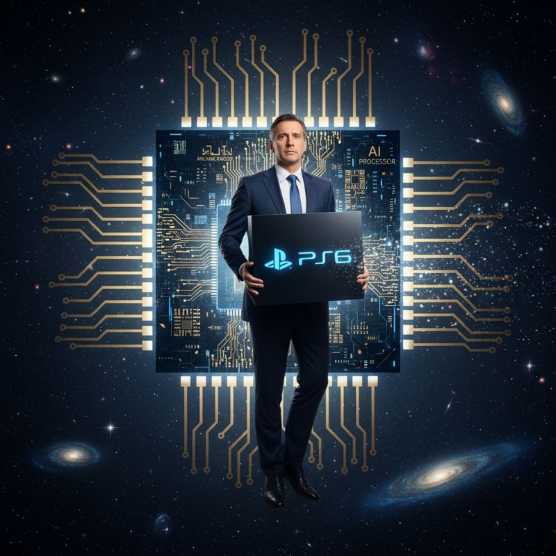 우주에서 PS6 콘솔을 들고 난감해하는 소니 임원 모습, 뒤에는 AI 칩이 번쩍임