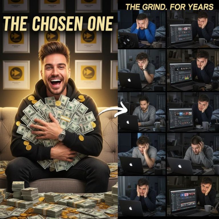 돈다발을 들고 있는 상위 유튜버와 근심 가득한 표정의 하위 유튜버들