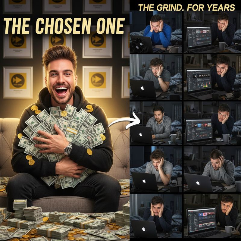 돈다발을 들고 있는 상위 유튜버와 근심 가득한 표정의 하위 유튜버들