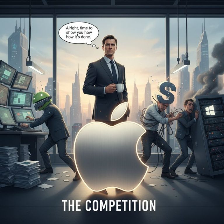 경쟁 AI 웨어러블 회사 직원들이 힘들어하는 가운데, 애플 직원이 느긋하게 등장하는 모습