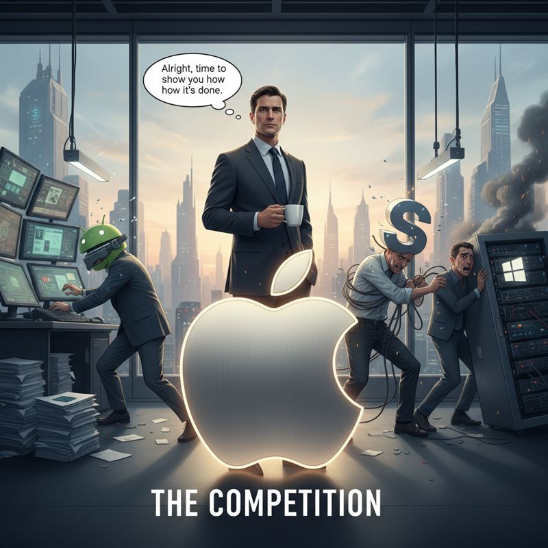 경쟁 AI 웨어러블 회사 직원들이 힘들어하는 가운데, 애플 직원이 느긋하게 등장하는 모습