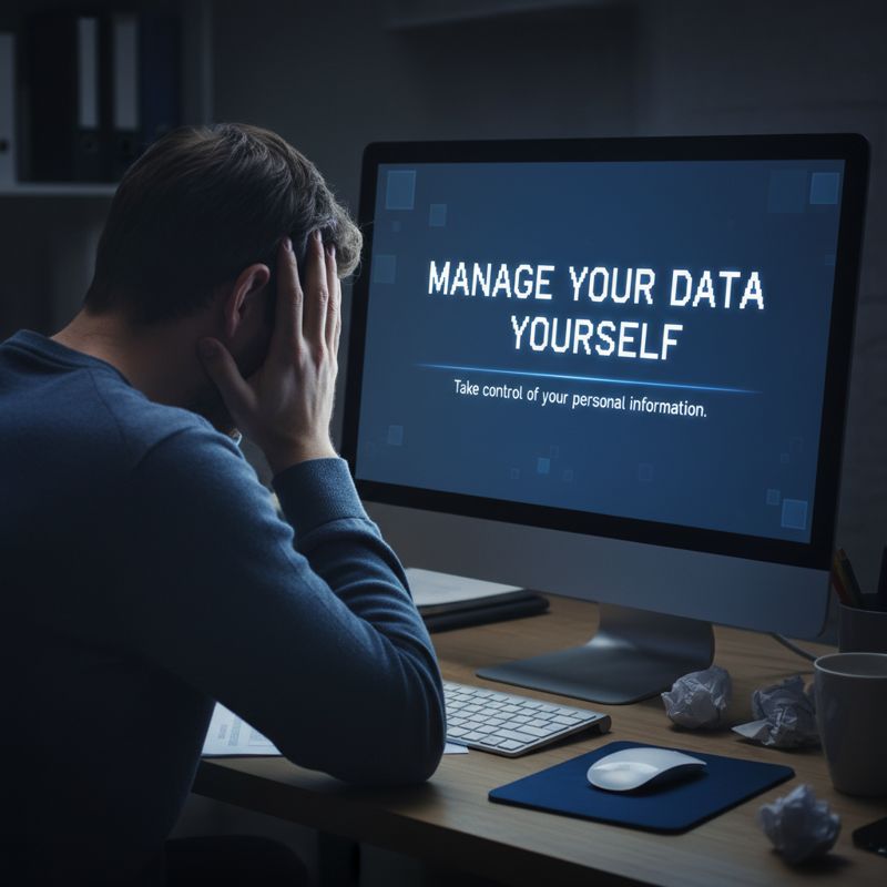 피곤한 표정으로 컴퓨터를 바라보며 데이터를 직접 관리하라는 안내 메시지를 보는 사용자