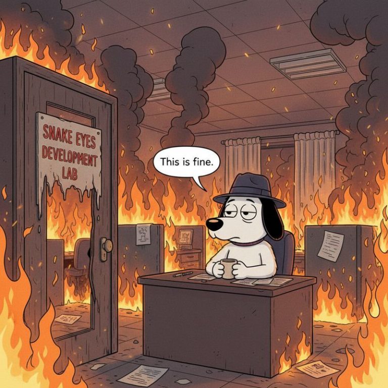 불타는 오피스에서 'This is fine'이라고 말하는 캐릭터와 'Snake Eyes 개발실' 팻말