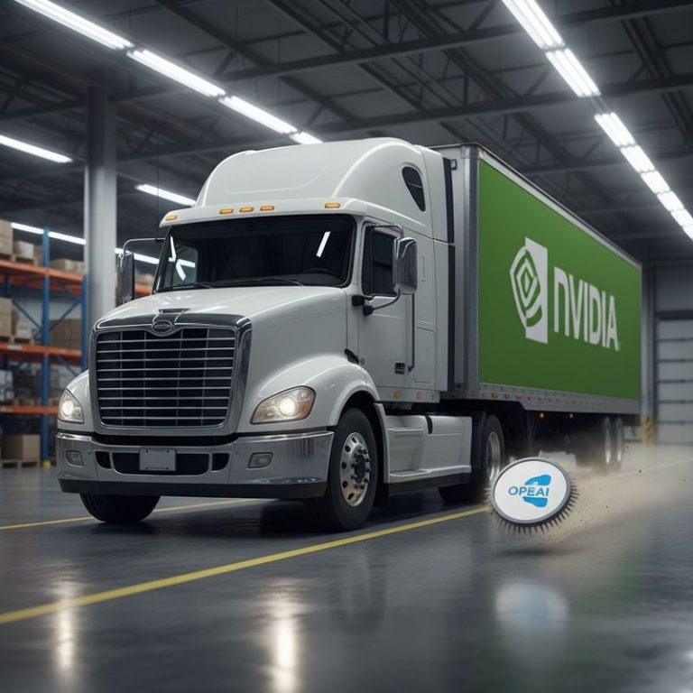 엔비디아 로고 트럭 옆에서 접시만 한 칩이 치타처럼 달려나간다