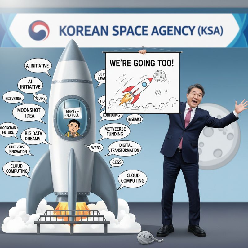 달로 가려는 척하는 한국 정부 인사와 연료 대신 말풍선이 달린 로켓