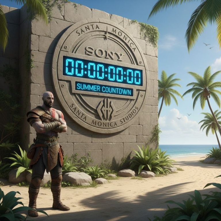 팔짱 낀 크레토스가 소니 산타 모니카 로고와 타이머 앞에서 기다리는 모습