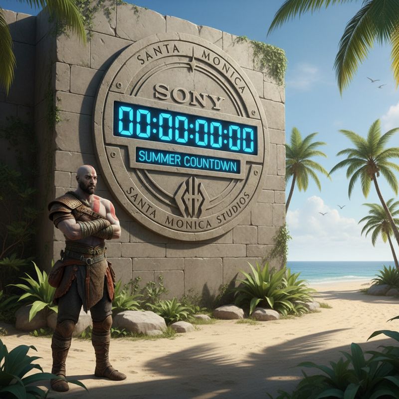 팔짱 낀 크레토스가 소니 산타 모니카 로고와 타이머 앞에서 기다리는 모습