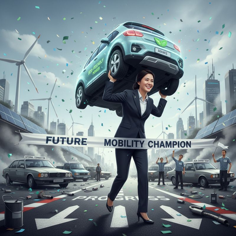 친환경차를 등에 업은 임원이 결승선을 통과하고, 전통차는 뒤에 남겨진 자동자 경주 이미지.