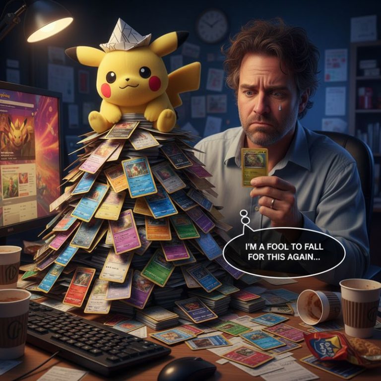 지친 표정으로 포켓몬 굿즈를 바라보는 직장인