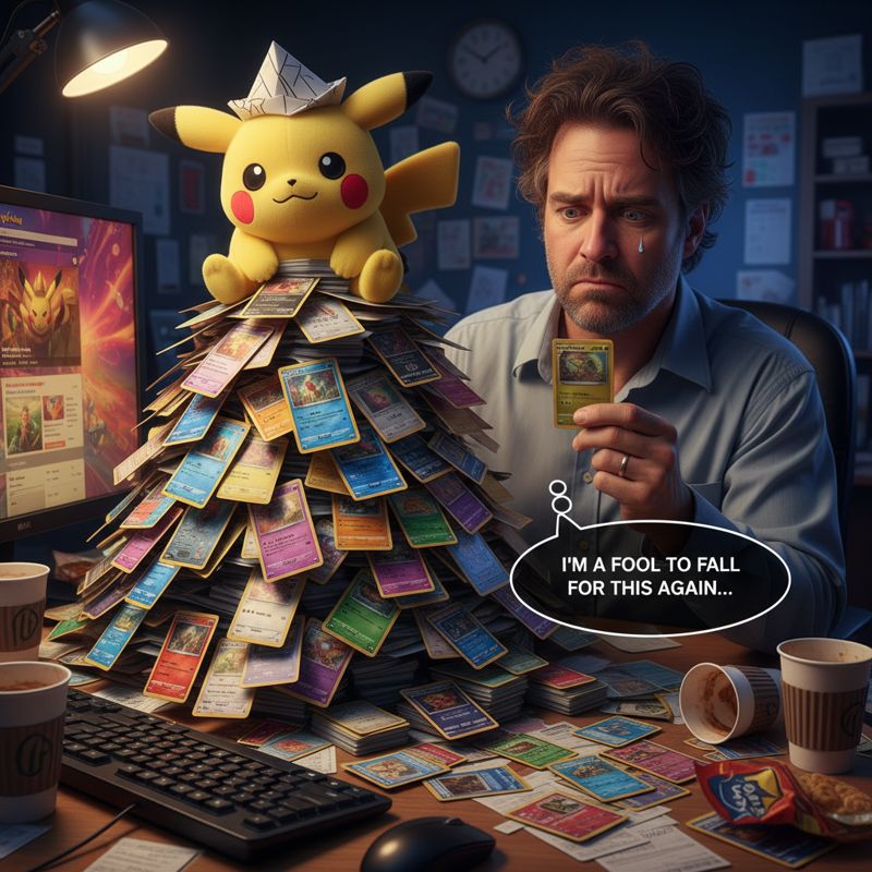 지친 표정으로 포켓몬 굿즈를 바라보는 직장인