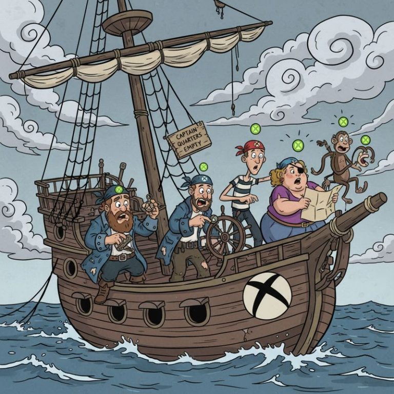 Xbox 로고를 단 선원들이 선장 없이 당황하는 만화 스타일 이미지