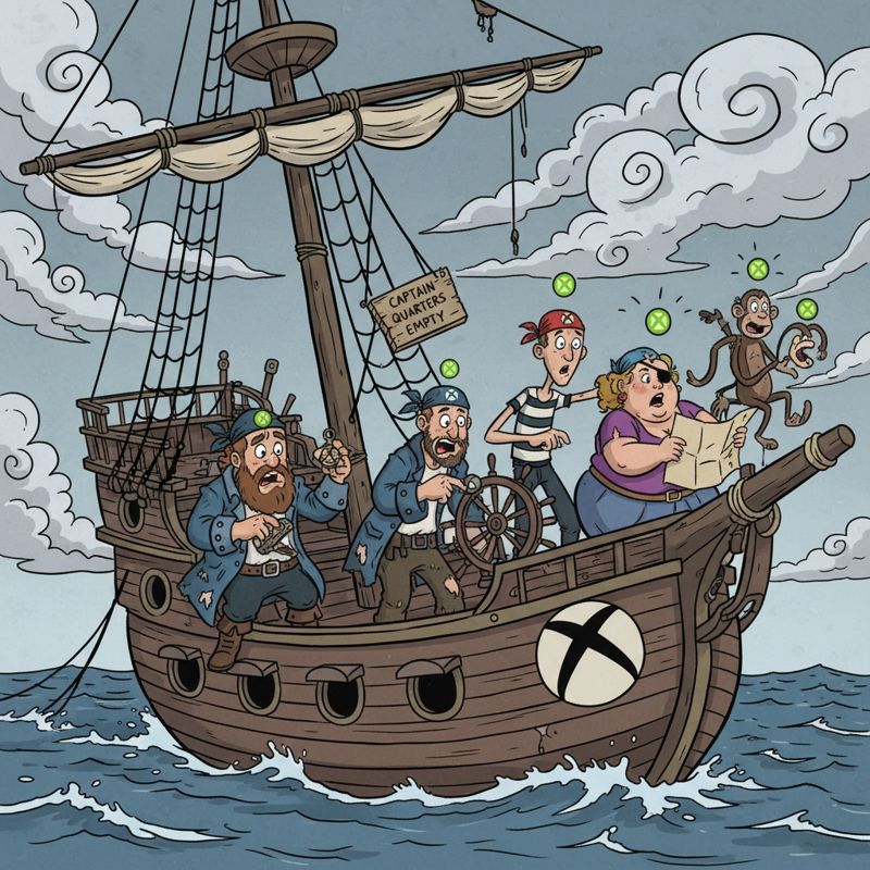 Xbox 로고를 단 선원들이 선장 없이 당황하는 만화 스타일 이미지