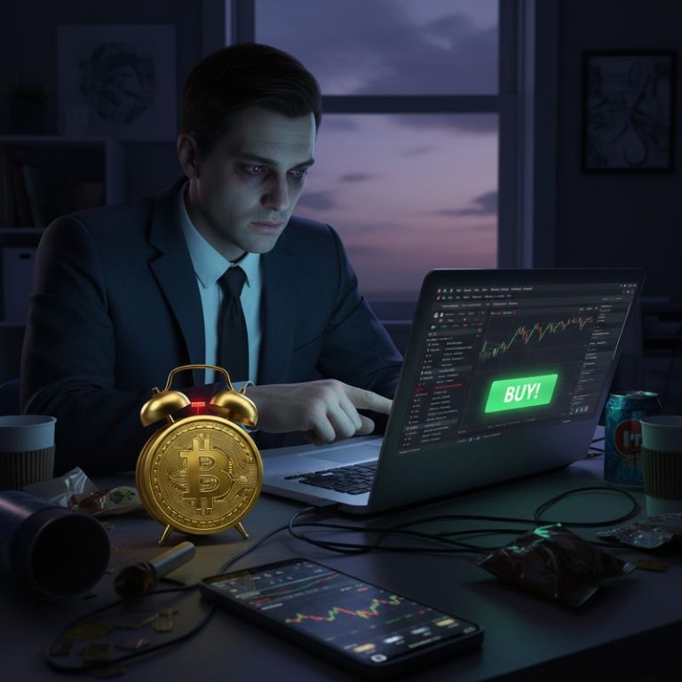 피곤해 보이는 트레이더가 새벽에 비트코인 거래 버튼을 누르고 있다.