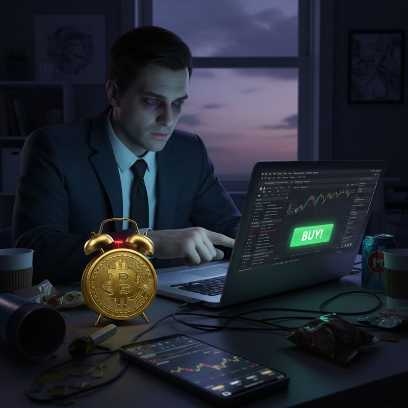 피곤해 보이는 트레이더가 새벽에 비트코인 거래 버튼을 누르고 있다.