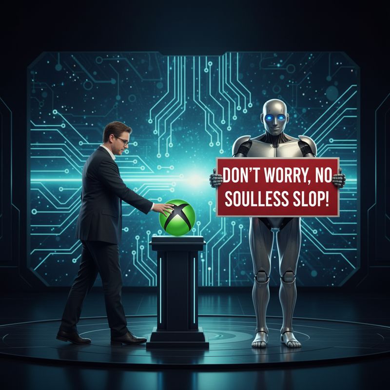 Xbox 로고 옆에서 떠나는 필 스펜서와, 대신 들어서는 로봇 모습의 AI 관리자