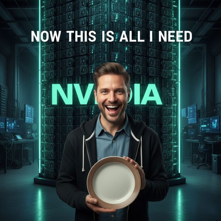 스타트업 CEO가 작은 접시 크기의 칩을 들고 엔비디아 GPU를 비웃는 모습