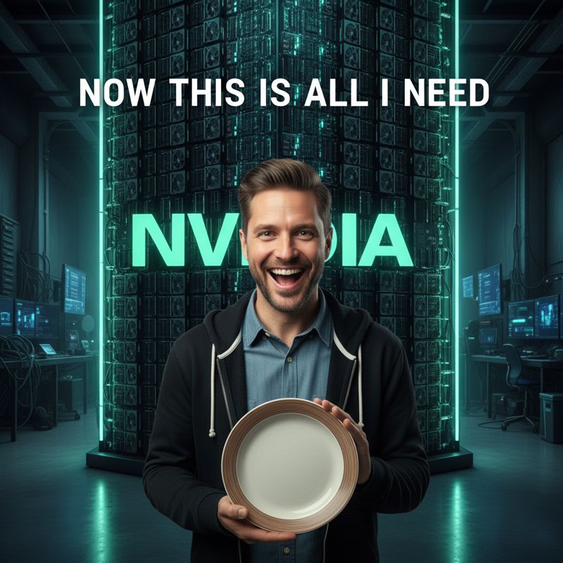 스타트업 CEO가 작은 접시 크기의 칩을 들고 엔비디아 GPU를 비웃는 모습