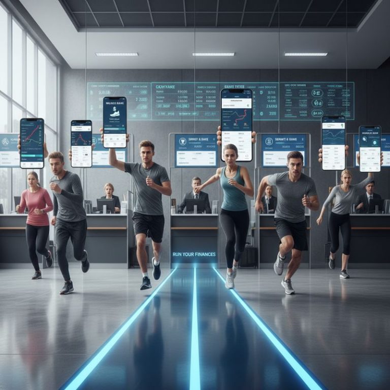 은행 창구를 뛰어다니며 스마트폰 러닝 앱을 보여주는 사람들