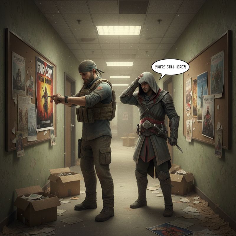 먼지 쌓인 복도에서 파 크라이 주인공과 어쌔신 크리드 캐릭터가 신작 소식에 대해 냉소적인 얼굴로 서 있는 모습