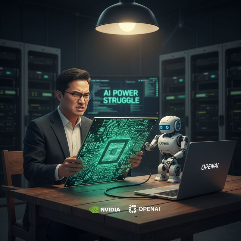 식탁에서 접시만 한 칩을 들고 얼굴을 찌푸린 Nvidia CEO, 옆에 OpenAI 로고 로봇이 노트북에 연결